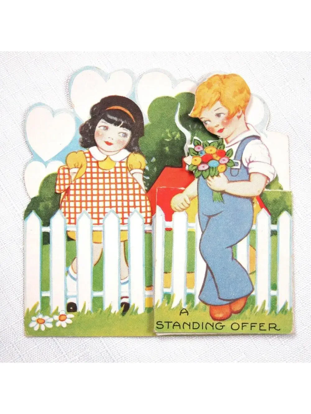 Vintage Valentine Card 1931 Fold Stand Girl & Boy w/ Flowers White Picket Fence